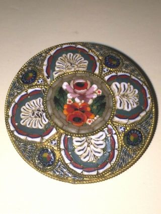 ANTIQUE Art Deco MADE IN ITALY MICRO MOSAIC ROUND BROOCH PIN 2