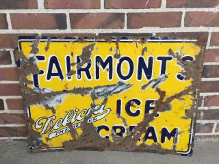 Antique Fairmont Ice Cream Porcelain Single Sided Sign - 28” X 20”