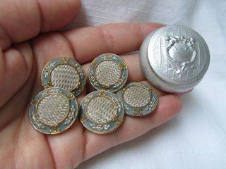 Antique Miniature Mirror Compact & 5 Enamel Gilt Metal Fabric German? Buttons