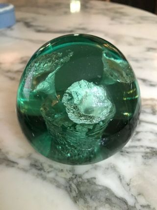 Antique Victorian Green Bottle Glass 3.  5 " Dump Paperweight Foil Flowers England