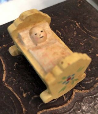 Vintage Antique Miniature Penny Doll Carved Into Cradle Dollhouse Folk Art