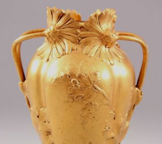 Antique French Art Nouveau,  Dore Gold Gilt Bronze,  Flowers & Leaf Vase 3