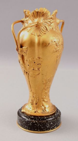 Antique French Art Nouveau,  Dore Gold Gilt Bronze,  Flowers & Leaf Vase 5
