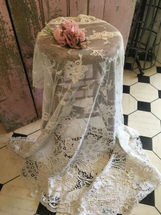 Gorgeous Antique French Needle Tambour Lace Cotton Netting Curtain Remnant C695