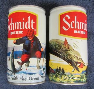 2 Vintage 70s Schmidt Fishing Steel Beer Cans Musky Northern Ice Fishing Pop Top