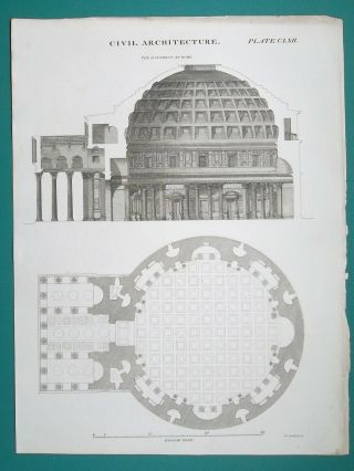 Architecture Rome Roman Pantheon Floor Plan And Section - 1813 Antique Print