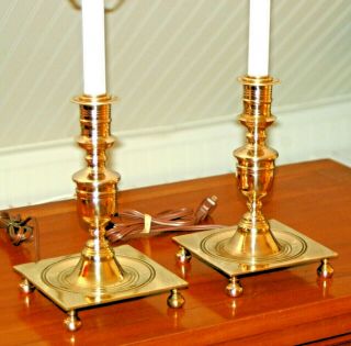 Pair Brass Candlestick Lamps Candle Holders Heavy Pair Colonial Williamsburg