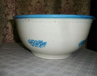 Antique Yellow Ware Mixing Bowl White Blue Rim & Flowers Pottery Crock