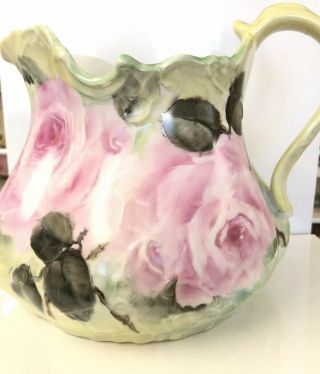 Hand Painted Antique Style Vase Pitcher Pink Roses Yellow Green Porcelain