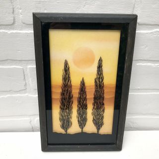 Vintage Reverse Painted Glass Silhouette Framed Picture Wall Art Three Trees