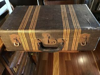 Antique Luggage Tweed Striped Wooden Suitcase Trunk Leather Handle Marked S M Co