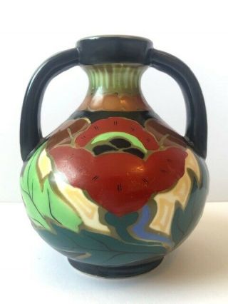 Art Deco Japan Gouda Style Vase 1930s Japanese Art Pottery Abstract Floral