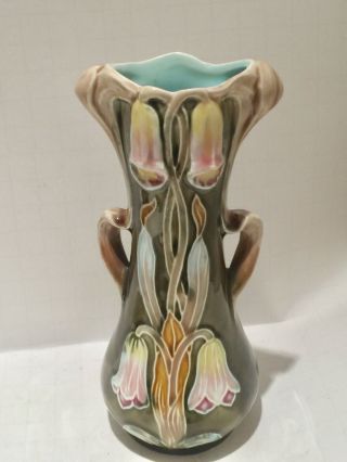 Antique Majolica Art Nouveau Handled Floral Vase Pink Foxglove ? Flowers C 1900 3