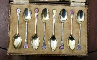 Set Of 8 Art Deco Silver Hallmarked & Enamelled Floral Tea Spoons