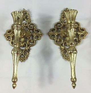 Pair Vintage Ornate Brass Two Wall Mount Sconce Single Candle Holders 11 " X 6 "