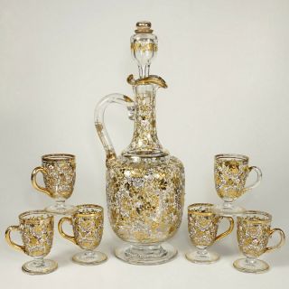 Antique Bohemian Moser Raised Gold Enamel Glass Liquor Service Decanter Cordials