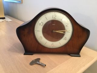 Vintage Smiths Wood Mantel Clock With Key 2 Jewels Made In G.  B