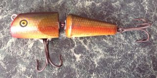Vtg Early Wooden Jointed Wiggle Fishing Lure 2 Hook Pflueger Pal - O - Mine Palomine