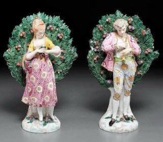 Large Pair Antique Samson Chelsea Derby Porcelain Bocage Figurines 2