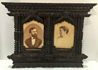 Vtg Carved Tramp Art/folk Art Double Cabinet Card/picture Frame W/2 Real Photo