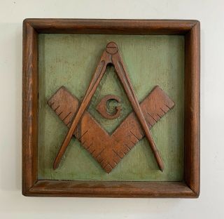 Antique American Folk Art Mason Masonic Symbol Carving Wall Plaque