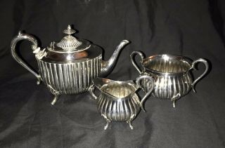 Antique 19th C Silver Plated Fluted Tea Set,  Teapot,  Milk Jug,  Sugar Bowl A1