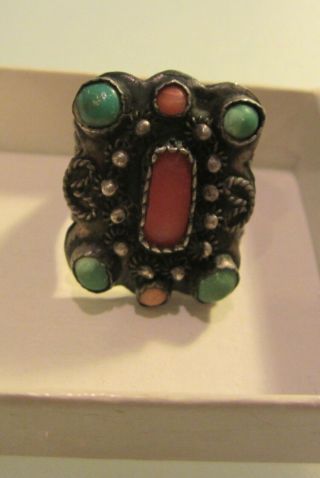 Antique Early China Turquoise And Coral Ring