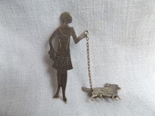 Antique Art Deco Flapper Lady With Dog Large Pin Brooch