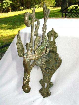 Old Ornate Victorian Brass Door Bell Bracket Winged Cherub Women Dragon Accents