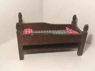 Vintage Dollhouse Miniatures Wooden Bed W/ Bedding 44