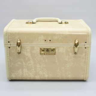 Vtg Samsonite Streamlite Tan Marble Train Case Suitcase Luggage Makeup Beauty 2