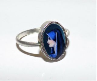 Antique French Art Nouveau Enamelled Portrait Ring Limoges Blue Robed Lady