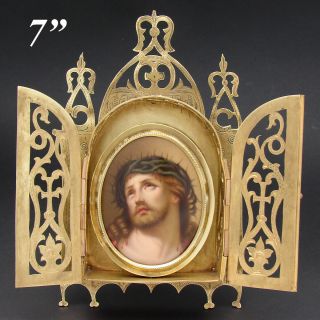 Antique French Napoleon Iii Hp Portrait Miniature: Jesus With Thorn Crown,  Frame