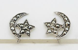 Antique Vintage Art Deco Marcasite Silver Screw Back Earrings Crescent Moon Star