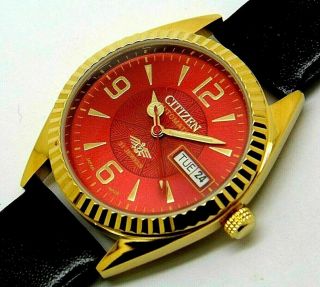 Citizen Automatic Mo - 8200 Men Gold Plated Day/date Red Dial Vintage Japan Watch