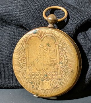 Antique Victorian Edwardian Gold Tone Locket With 2 Tin Plate Photos,  1 1/2 "