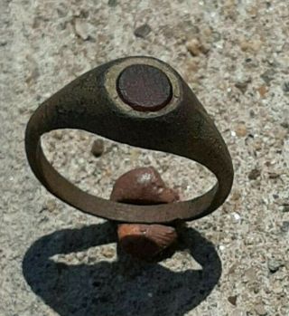 Antique Ancient Bronze Ring With Red Stone
