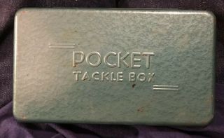 Vtg Green Tin Metal Pocket Tackle Box Fishing Lures Flies Storage