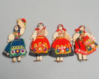 Set Of 4 Antique Hand Made Traditional Portuguese Yarn Dolls Women