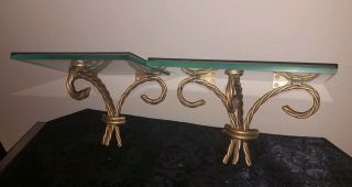 Vintage Small Gold Twisted Metal Wall Display Shelf W/glass Tops