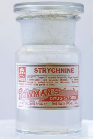 A Rare Empty Strychnine Apothecary Bottle With Glass Stopper C.  1930