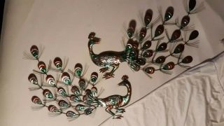 Vintage Metal Peacocks,  Home Or Garden Wall Decor.  Green,  Blue,  And Gold