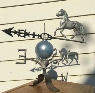 Antique 1800’s Trotting Horse Weathervane & Copper Lightning Rod W/ Glass Ball