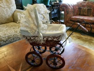 Antique Looking Wicker & Lace Doll Buggy For Display