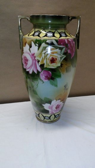 Vtg Nippon Double Handled Vase/ Urn W Gold Accents And Pink Roses Antique 16 "