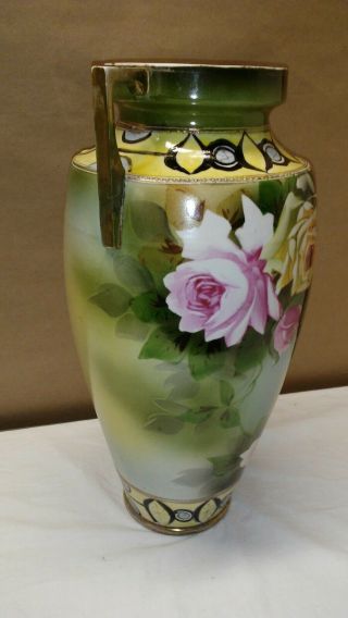VTG Nippon Double Handled Vase/ URN W Gold Accents and Pink Roses Antique 16 