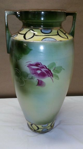 VTG Nippon Double Handled Vase/ URN W Gold Accents and Pink Roses Antique 16 