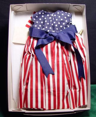 Vintage " An Apple A Day " Red White & Blue Dolls Dress - With Flag & Coat Hanger