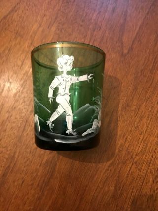Antique Mary Gregory Green Emerald Glass Tumbler Boy With Bird Enamel Decorated