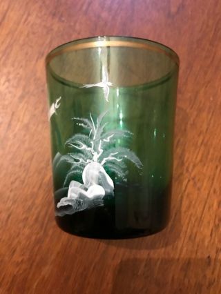 ANTIQUE MARY GREGORY GREEN EMERALD GLASS TUMBLER BOY WITH BIRD ENAMEL DECORATED 2